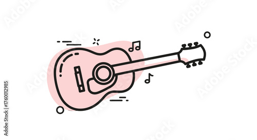 Minimalist Guitar Icon Musical Instrument On a Black Background With Notes and Lines