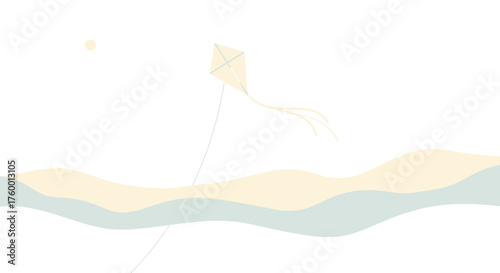 Minimalist Kite Dancing In Wind Over Subtle Waves Under The Moon, Abstract Art