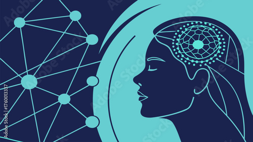 Mindful Tech - Woman's Profile with Dream Catcher Brain, Connectivity and Artificial Intelligence Concepts in Teal and Dark Blue.