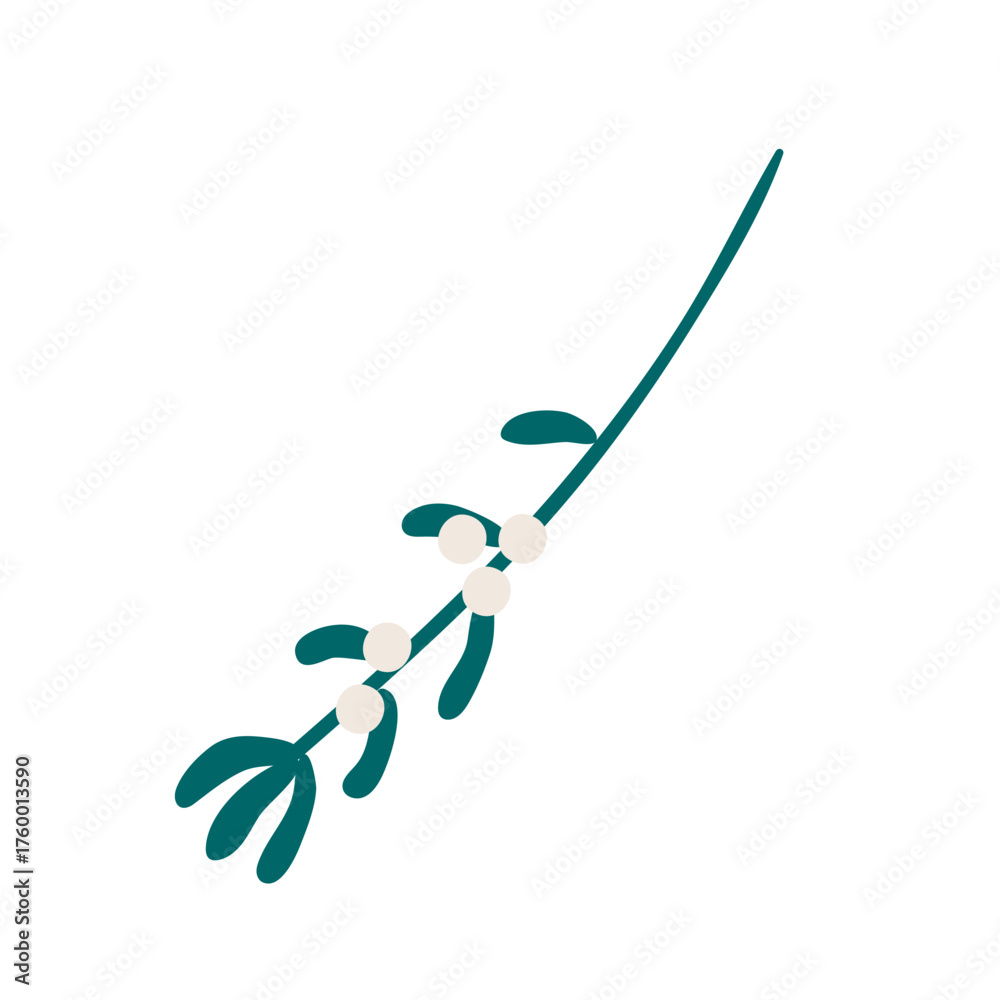 Fototapeta premium Single mistletoe branch with leaves, berries isolated on transparent. Hand drawn flat vector illustration. Traditional holiday, Xmas, New Year, seasonal design element, clip art