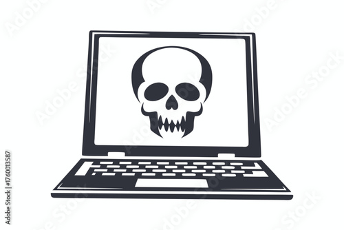 A monochrome skull displays prominently on a laptop's screen, suggesting digital threat