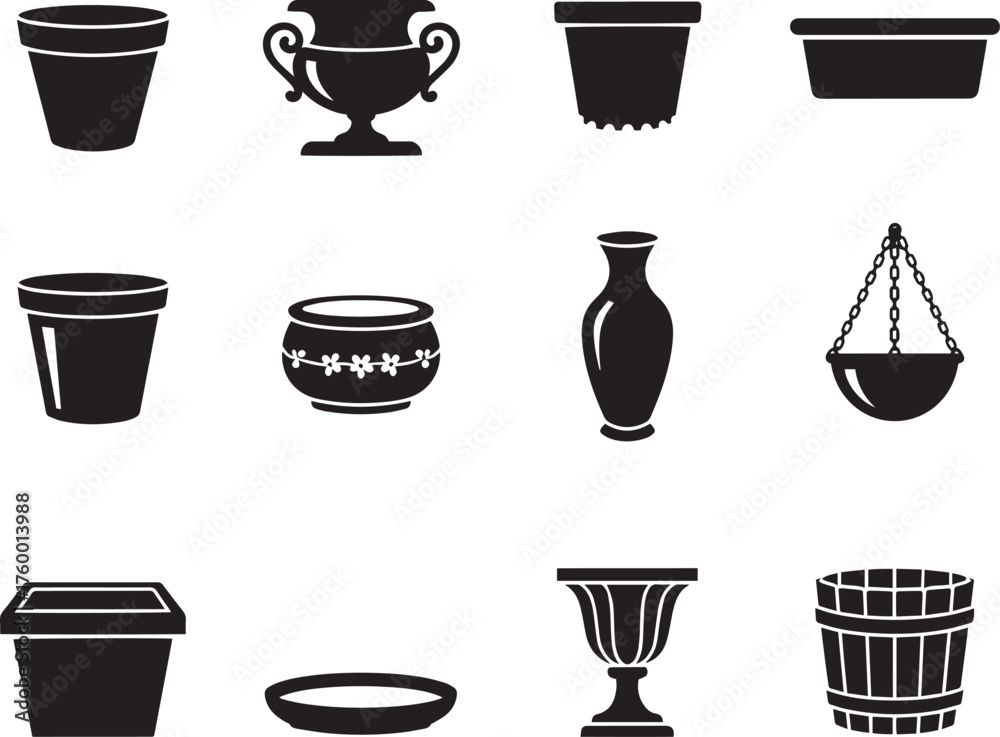Fototapeta premium Comprehensive Gardening Pots and Planters Black Vector Icon Set (12 Elements)