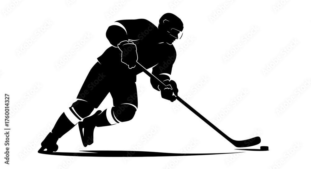 Obraz premium Ice hockey player silhouette in action, professional athlete skating with stick and puck, black and white sports graphic on white background