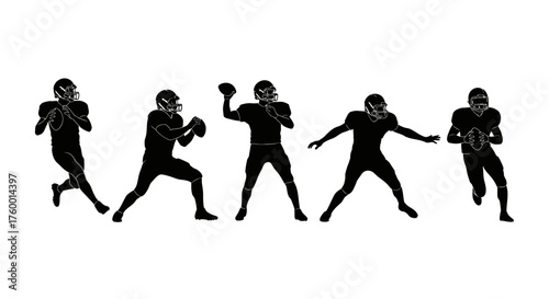 American football player silhouettes set, black athletic figures in action poses, football quarterback and kicker vector icons for sports branding