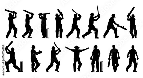 Silhouette collection of cricket player in different poses