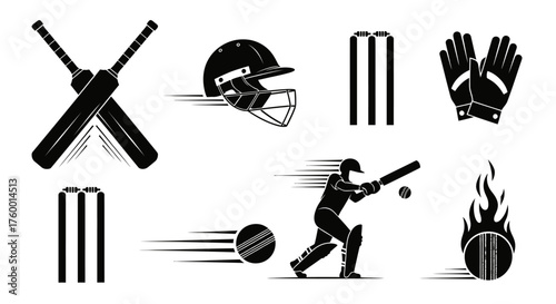 Cricket equipment and player silhouette