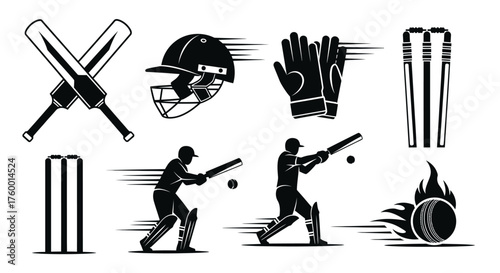 Cricket equipment and player silhouette