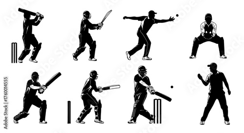 Cricket player silhouette in various action poses