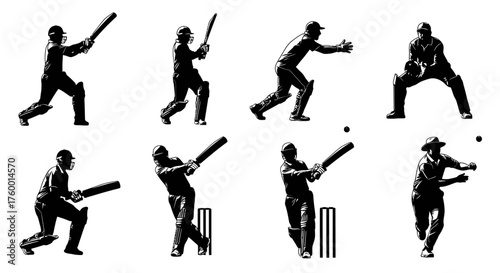 Cricket player silhouette in different action poses