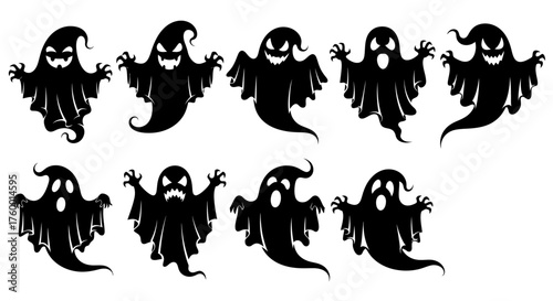 Set of spooky ghost silhouettes for halloween
