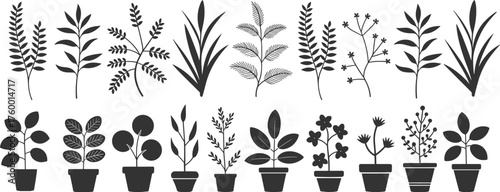 Black plant silhouettes, leafy stems and potted flowers, botanical vector set, indoor foliage icons, minimalist nature design, graphic illustration
