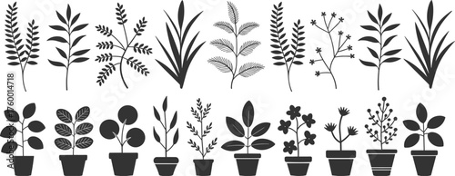 Black plant silhouettes, leafy stems and potted foliage, botanical vector set, indoor greenery icons, minimalist nature design, graphic illustration