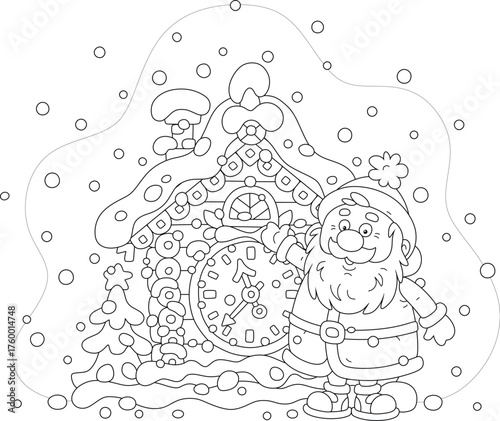 Festively decorated cartoony cuckoo-clock covered with snow and Santa Claus waving in greeting on a snowy winter day, black and white vector cartoon illustration for a coloring book