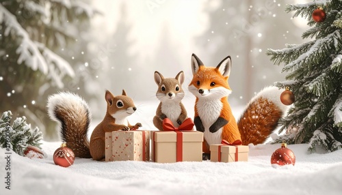 Wallpaper Mural 動物たちが森でクリスマスプレゼント交換、可愛いクリスマスのイメージ写真、コピースペース、 Torontodigital.ca