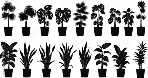 Black plant silhouettes, potted houseplant set, tropical foliage icons, botanical vector collection, indoor greenery design, minimalist nature illustration