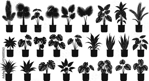 Black plant silhouettes, potted houseplant grid, tropical foliage icons, botanical vector set, indoor greenery design, minimalist nature illustration