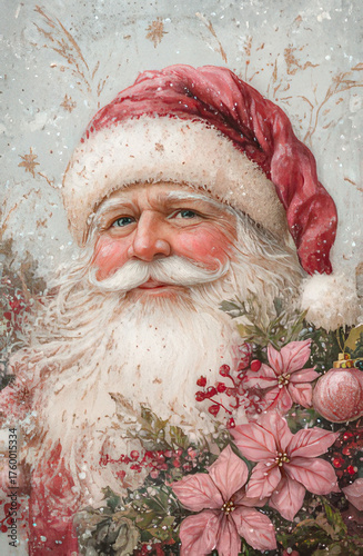 Watercolor portrait of Santa Claus with poinsettias and Christmas ornaments