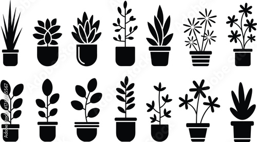Black plant silhouettes, potted foliage icons, stylized leaf shapes, botanical vector set, indoor greenery design, minimalist nature illustration
