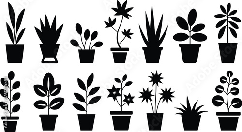 Black plant silhouettes, potted foliage icons, stylized leaf shapes, botanical vector set, minimalist nature design, indoor decor elements