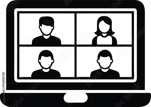 Computer screen displays four people in a video conference call in a black and white image