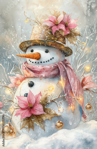 Charming watercolor snowman with a top hat, scarf, and floral accents