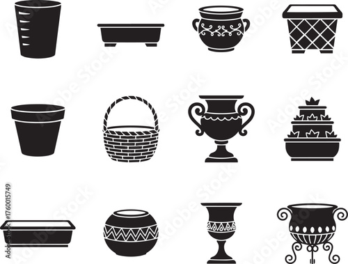 Decorative Garden Pots, Vases, and Planters - Black Silhouette Icon Set