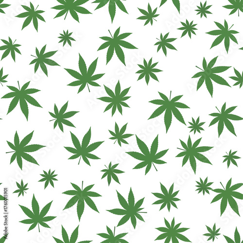 Chaotic scatter of green hemp leaves in a seamless repeating pattern. Abstract botanical vector background illustration for design
