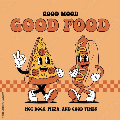 Cheerful walking pizza slice and hot dog mascot in a vintage 1930s cartoon illustration style