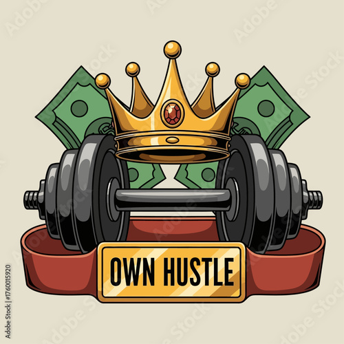 Vintage vector emblem of a dumbbell with a crown and money, a motivational illustration symbolizing the rewards of hard work and hustle