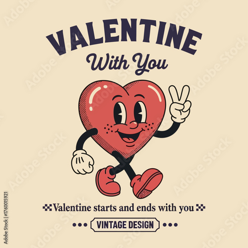 A cheerful retro heart character in a classic cartoon style walking and making a peace sign for Valentine's Day