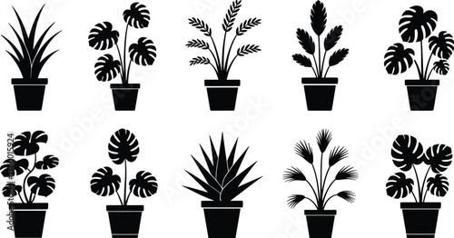 Black plant silhouettes, potted leaf shapes, indoor foliage icons, minimalist botanical design, houseplant vector set, decorative nature graphic