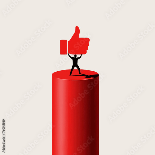 A person stands on a pedestal raising a large red thumbs up icon, a vector concept for social media success and online approval