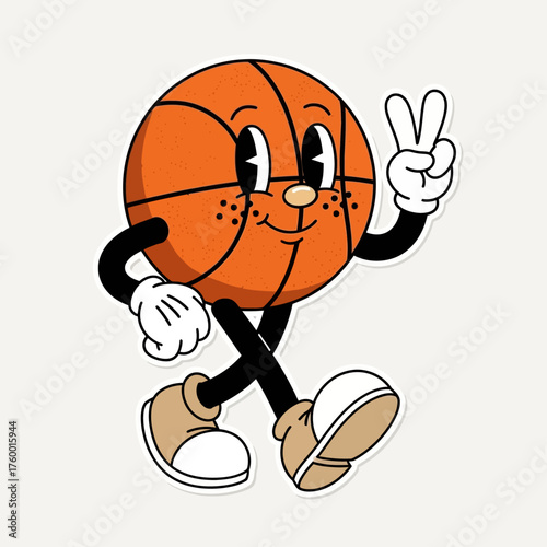 A friendly retro cartoon basketball mascot with a smiling face walking and giving a peace sign. A groovy vintage-style sports character illustration