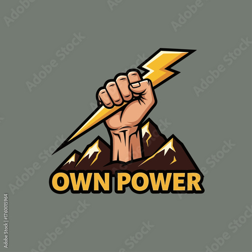 Motivational symbol of a clenched fist holding a lightning bolt above mountains, representing personal strength and owning your power