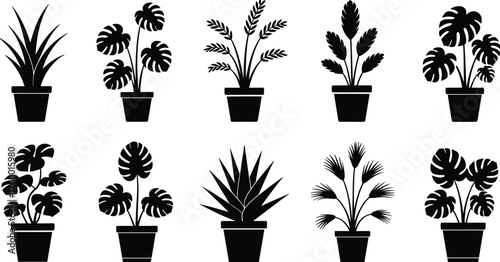 Black plant silhouettes, potted leaf shapes, indoor foliage icons, minimalist botanical design, houseplant vector set, decorative nature graphic