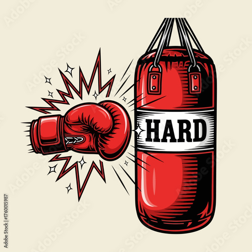 A powerful red boxing glove strikes a heavy punching bag in a dynamic retro comic style illustration