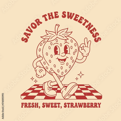 A happy walking strawberry character in a vintage 1930s cartoon style, making an OK gesture on a checkered floor