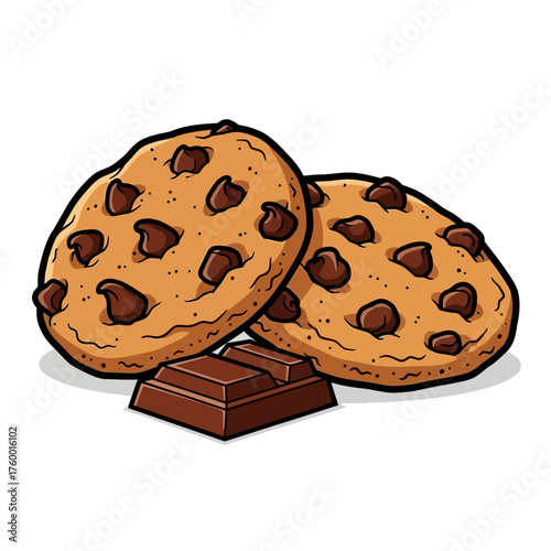 A classic cartoon illustration of two delicious chocolate chip cookies with a chocolate bar. This tasty vector graphic represents a sweet baked dessert snack