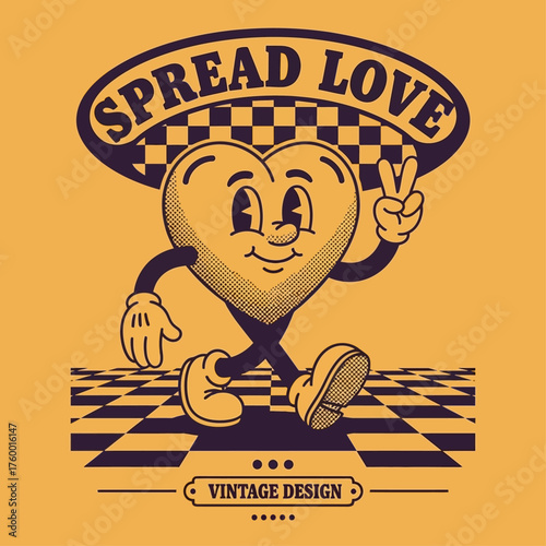 A happy walking heart mascot in a vintage cartoon style giving a peace sign. Retro illustration promoting a message of love and positivity