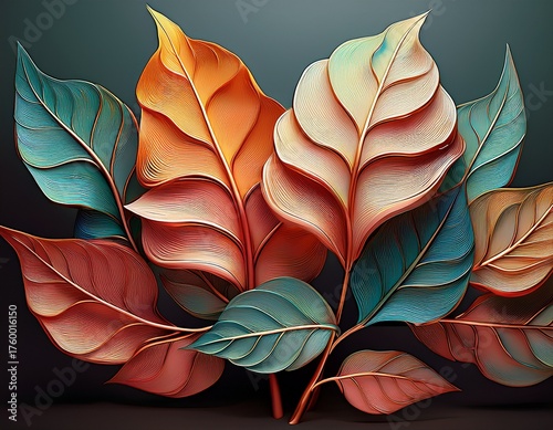 Elegant Gradient Leaves: A Symphony of Texture and Color, a stunning nature still life botanical illustration.
