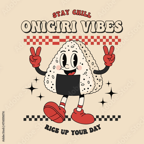 A fun retro cartoon mascot of a Japanese onigiri rice ball with a happy face and peace signs, created in a groovy vintage illustration style