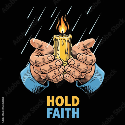 Vector illustration of hands shielding a burning candle in the rain, a powerful emblem of hope, faith, and perseverance