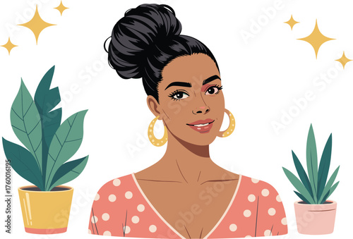 Stylized woman portrait, dark skin, curly hair bun, hoop earrings, pink polka dot top, indoor plants, whimsical sparkles, vibrant art