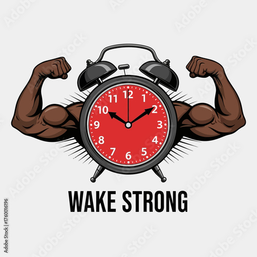 A powerful alarm clock character with muscular arms flexing its biceps, a motivational symbol for waking up strong and starting the day with energy