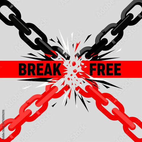 Metaphorical representation of liberation and breaking free from bondage, illustrated with shattered chains on a grey background