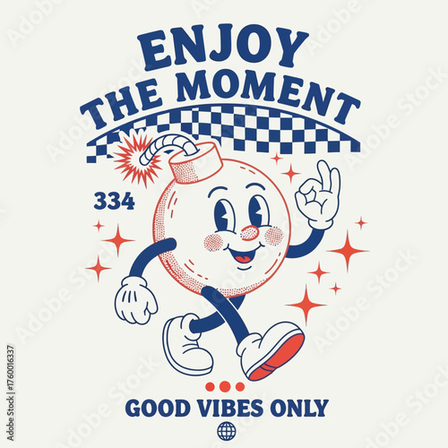 A funny retro cartoon bomb mascot with a lit fuse, symbolizing the concept of enjoying the moment with good vibes only