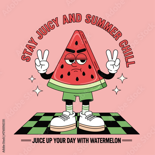 Retro cartoon watermelon character with a cool summer attitude making peace signs. A groovy vector illustration for T-shirt prints