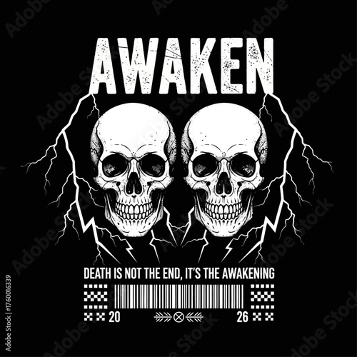 Monochrome gothic illustration of two skulls with lightning bolts. Dark art design with a philosophical quote about death being an awakening