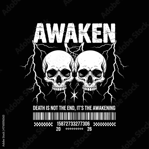 Gothic illustration of two skulls with lightning bolts, representing the philosophical concept that death is an awakening