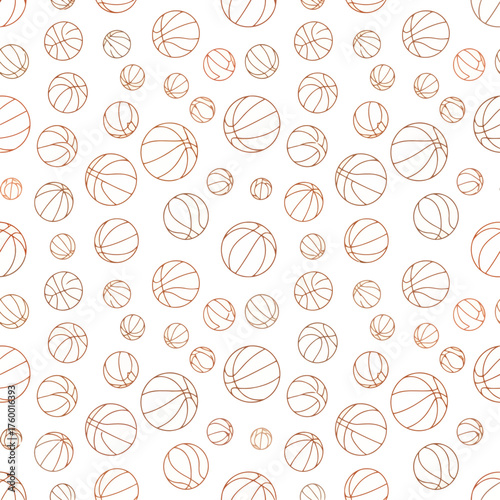 Seamless pattern of scattered outline basketballs on a white background. Vector illustration for sports themed design and decoration